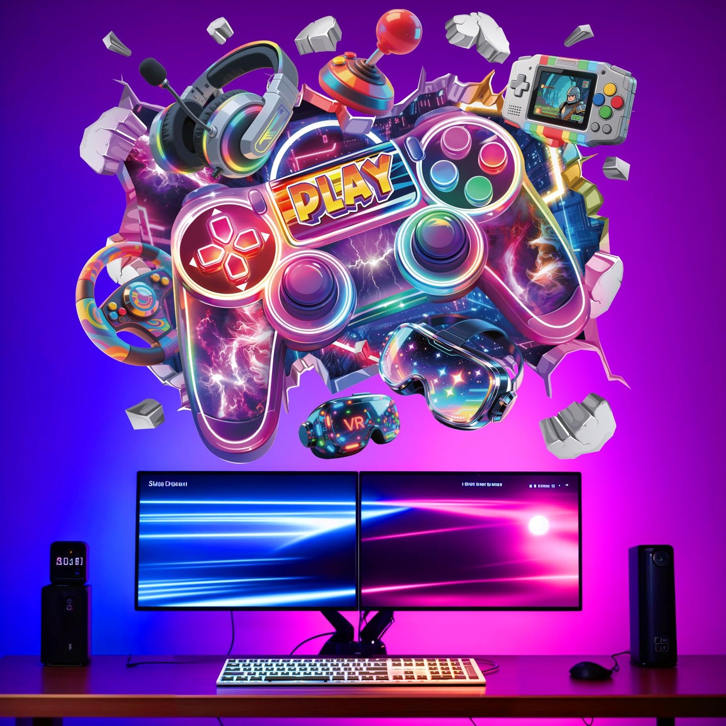 Peelora Large 3D Game Wall Stickers Gaming Joystick Gamer Controller Video Wall Decals Boys Playroom Teenagers Bedroom Reusable Self-Adhesive Wall Decor Stickers