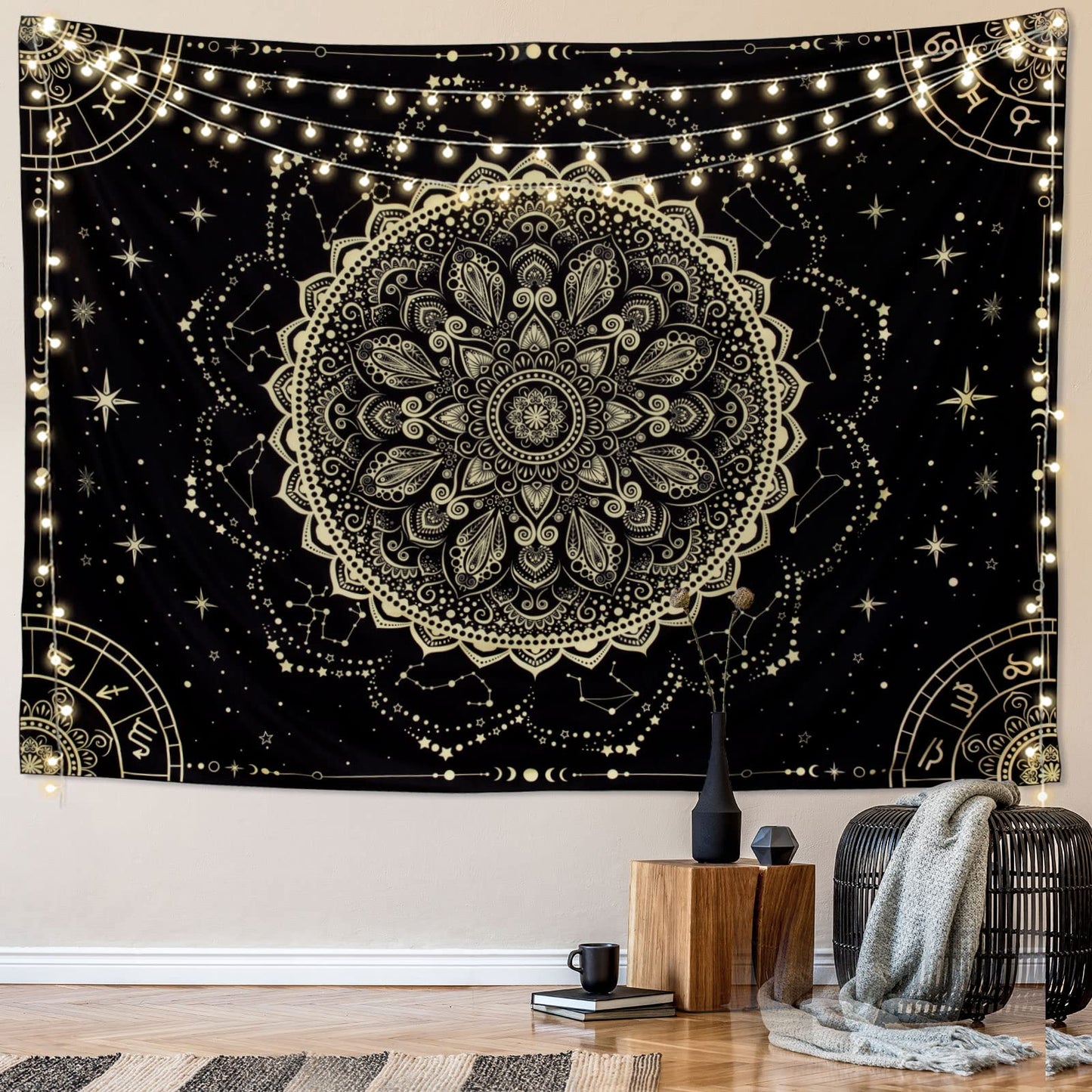 FLY SPRAY Black Golden Mandala Tapestry Astrology Space Wall Hanging Tapestries Wall tapestrys Large Aesthetic Hippie Decor Bohemian Art Boho Home Talestry for Bedroom,Living Room,Ceiling