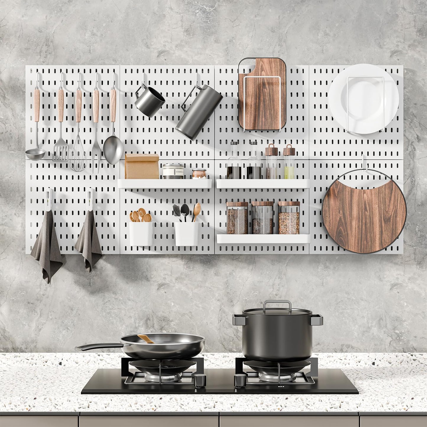 MULSAME Pegboard Combination Kit, Wall Mounted Storage Set with 8 Pegboards & 28 Accessories Hanging, Peg Boards Organizer for Walls Display, Crafts Organization, Kitchen Organizer, 22" x 44" White