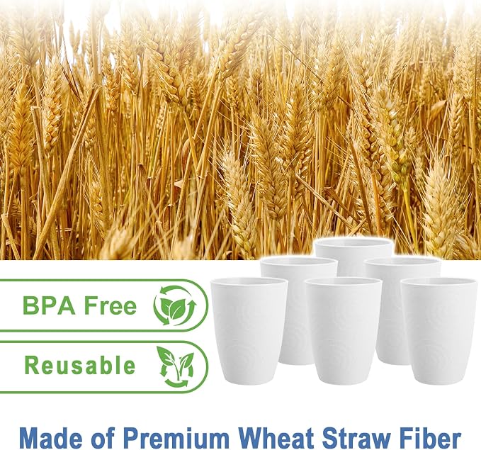 Drinking Glasses - Wheat Straw Cups Set of 6, Unbreakable Plastic Tumbler, Alternative to Plastic Glasses Drinking Reusable, Drinking Cup Dishwasher Safe Plastic Cups 12 OZ - White