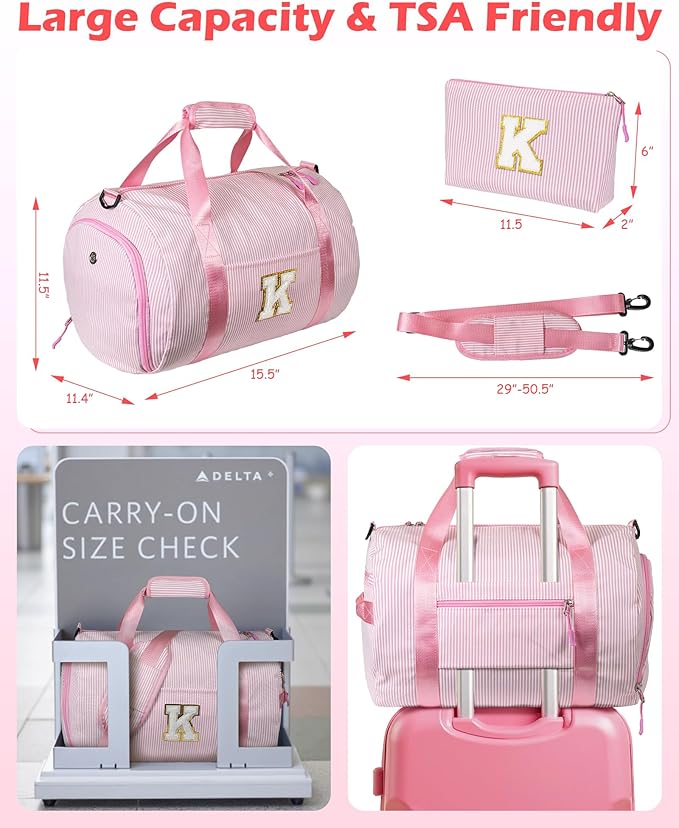 Cheer Up Gifts for Kid, Girl Gym Bag, Kids Initial Overnight Duffel Bags with Shoe Compartment, Personalized Travel Bag with Makeup Pouch, Preppy Things for Teen Girls (Letter M)