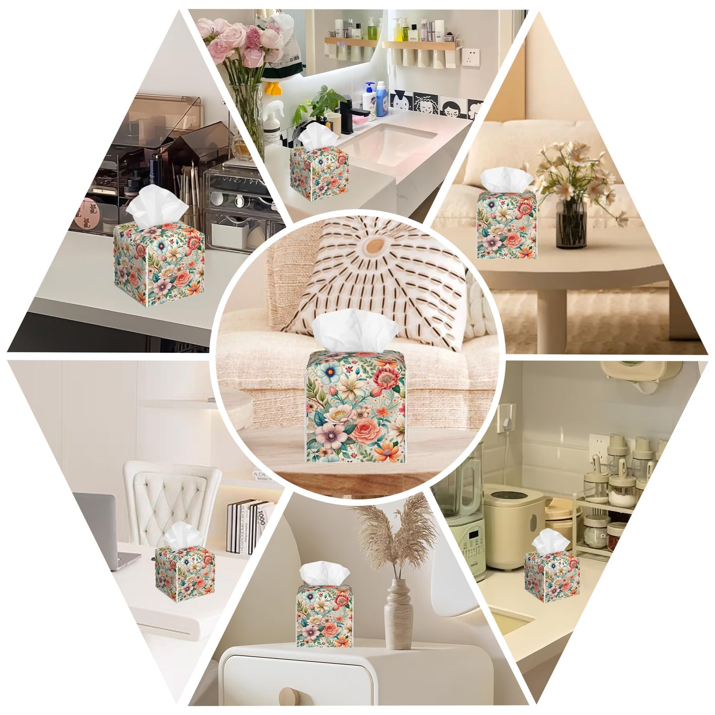 Leather Tissue Box Holder Colorful Floral Tissue Box Cover Facial Paper Case Organizer Cube Napkin Dispenser for Bathroom Vanity Countertop Night Stand Office Car