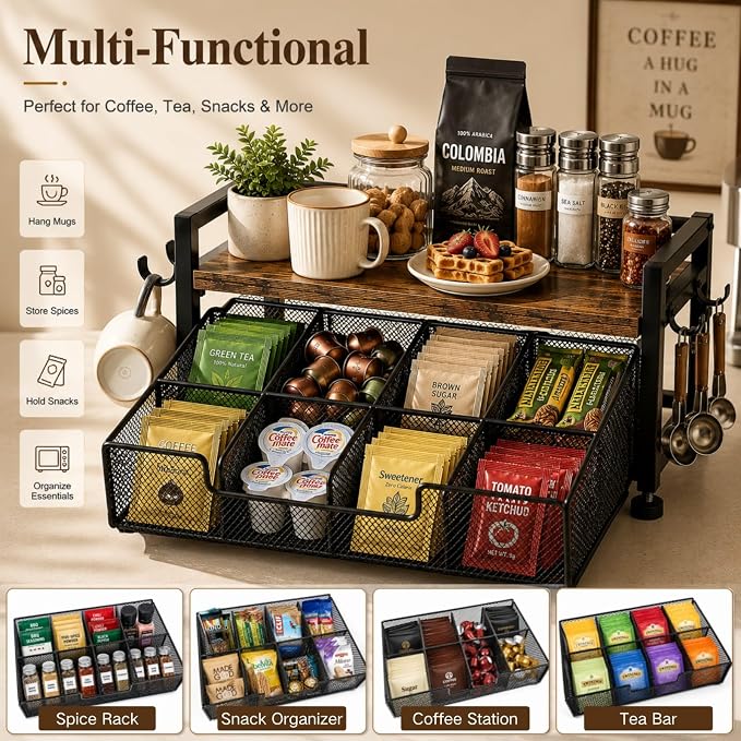 Tea Bag Organizer, Tea Bag Organizer Drawer, Wood Tea Organizers and Storage Chest Teabag Holder with Storage Drawer,Rustic Brown for Countertop Kitchen, Office