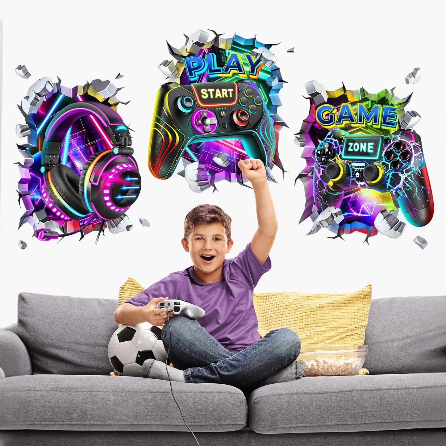 decalmile 3D Game Wall Decals Colorful Gamer Controller Video Gaming Joystick Wall Stickers Boy Bedroom Teenagers Playroom Wall Decor