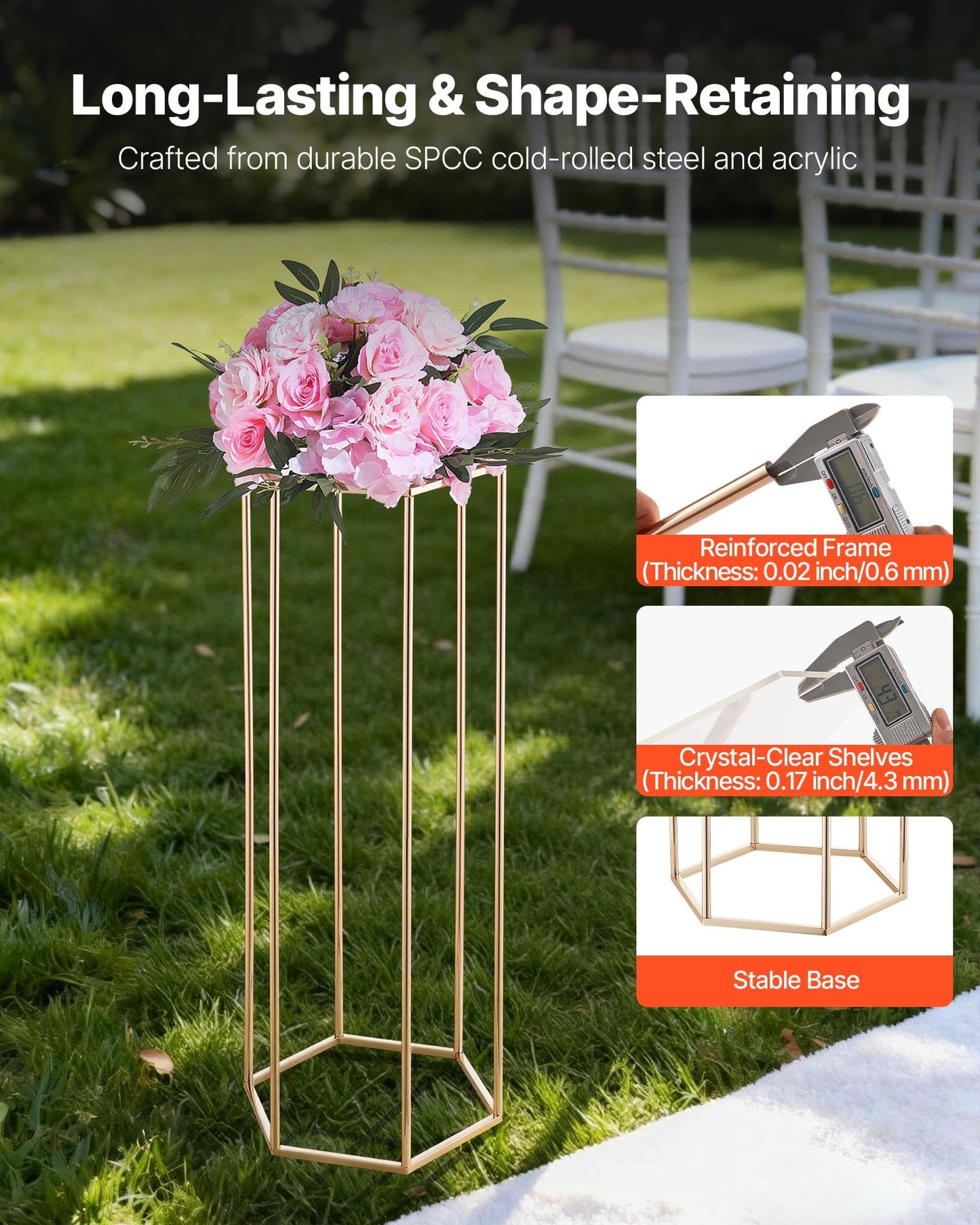 VEVOR Wedding Flower Stand, 10PCS 31.5-inch Column Flower Stand, Floral Stands with Acrylic Laminate, Hexagonal Cubic Floral Display Rack for Wedding, Party, Birthday, Home,French Gold Stands