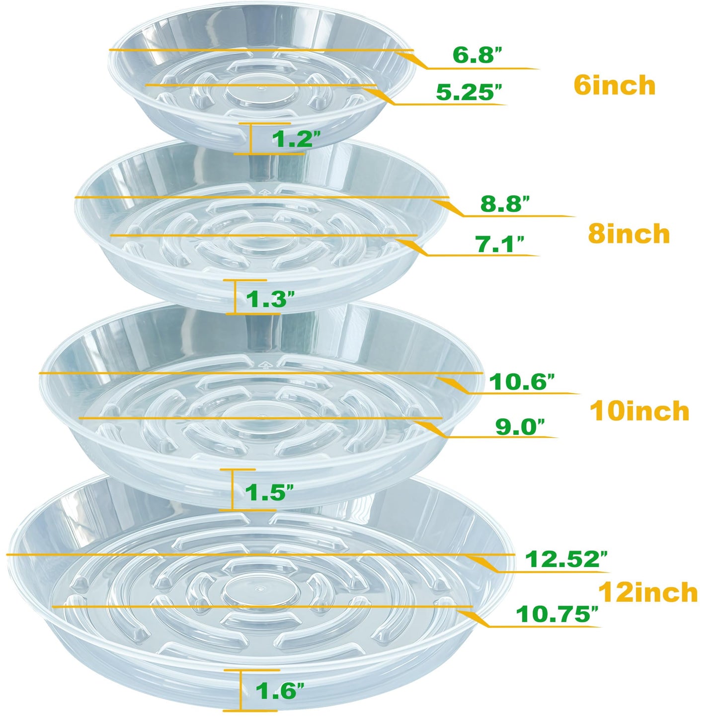 MSKIAUO 20 Packs Plant Saucer Pot Tray, 6 8 10 12 inch Clear Flower Planter Saucers and Drip Trays, Plastic Flower Planter Saucers for Indoors Outdoors, Heavy Durable Plant Plate Water Catcher