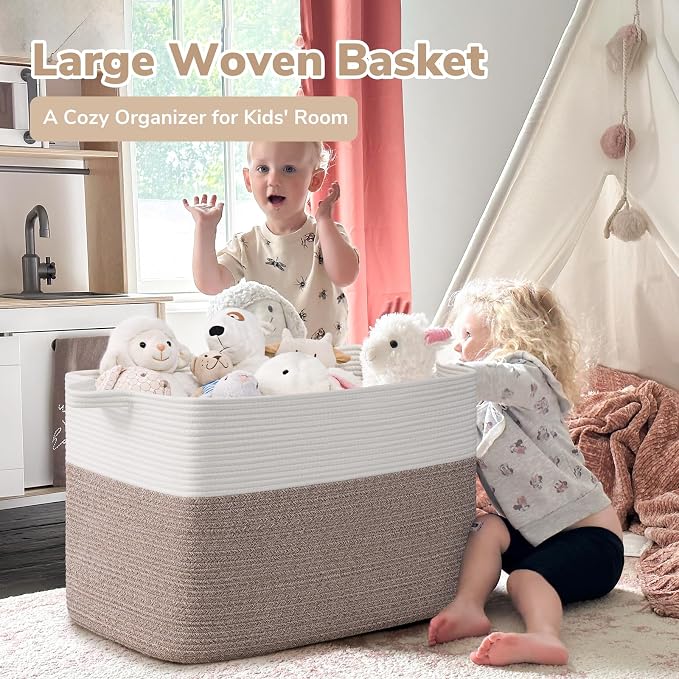 Goodpick 105L Extra Large Blanket Basket 25" x 16" x 16" Cotton Rope Storage Baskets for Organizing, Baby Laundry Basket with Handles, Rectangle Woven Baskets for Storage, Brown