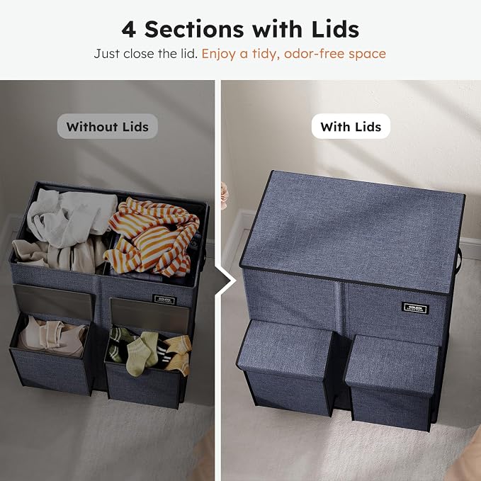 SOLEDI Double Laundry Hamper with Lid, 47.8 Gal (180L) Large Laundr Basket 2 Section with 2 Side Pockets, Dirty Clothes Hamper with Removable Bag, Easy to Carry for Laundry Room, Bedroom, Navy Blue