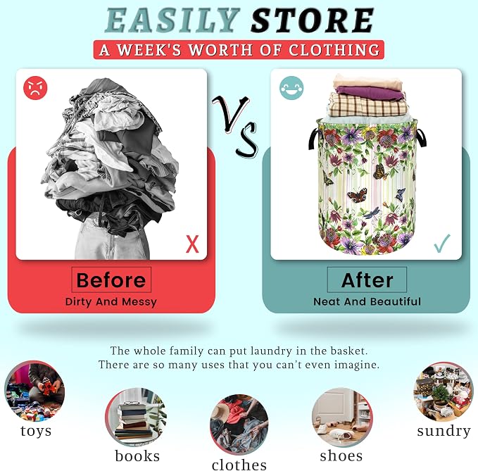 Beautiful Flowers Butterfly Laundry Basket Colorful Floral Laundry Hamper Foldable Oxford Cloth Cute Flower Tote Bag Clothes Toy Storage Bucket For Bathroom/Laundry Storage/Bedroom 18.9 x 16.5 Inch
