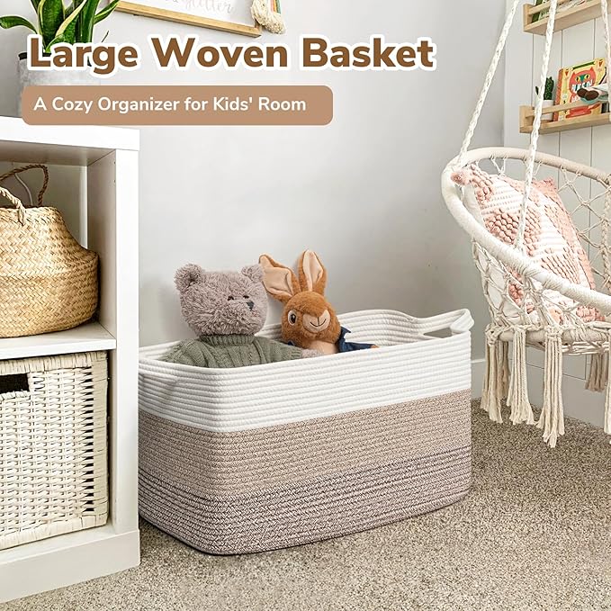 Goodpick Large Woven Storage Basket, 21.6" x 14.9" x 11.8" Rectangle Rope Baskets for Toy Storage, Blanket Basket for Living Room, Bedroom, Light Brown