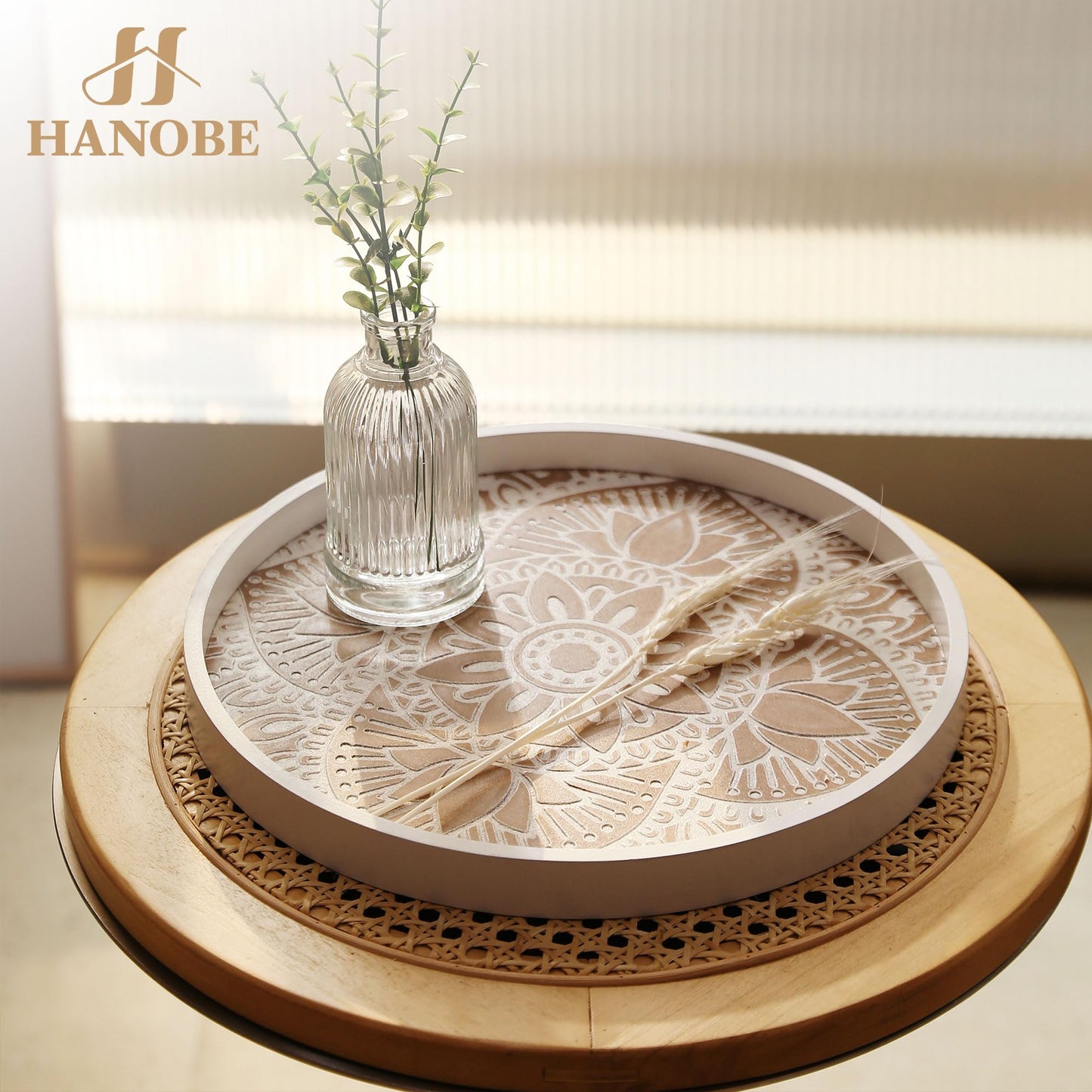 Hanobe Decorative Serving Tray Round: Farmhouse Coffee Table Decor Boho White Mandala Trays for Living Room Kitchen Bathroom Display