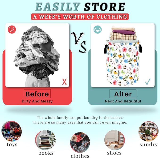 Cute Bee Floral Flowers Laundry Basket Foldable With Handles BeesTote Bag Oxford Cloth Colorful Laundry Hamper Clothes Storage Bucket Toy Organizer 18.9"x16.5" For Bathroom/Laundry/Bedroom