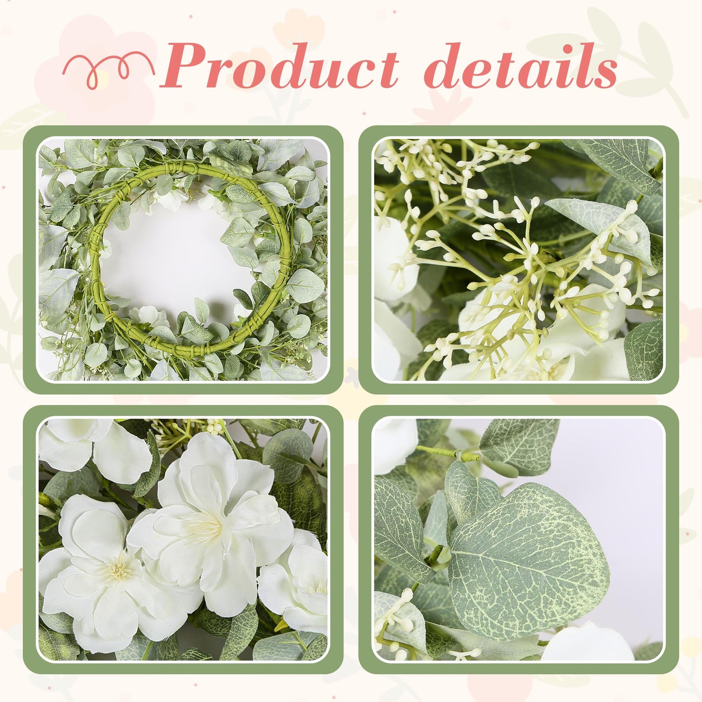 YNYLCHMX 18" Spring Summer Wreaths for Front Door, Artificial Floral Wreath with White Rose Flowers Green Eucalyptus Leaves, Green Foliage Wreath for Wall Window Farmhouse Party Holiday Home Decor