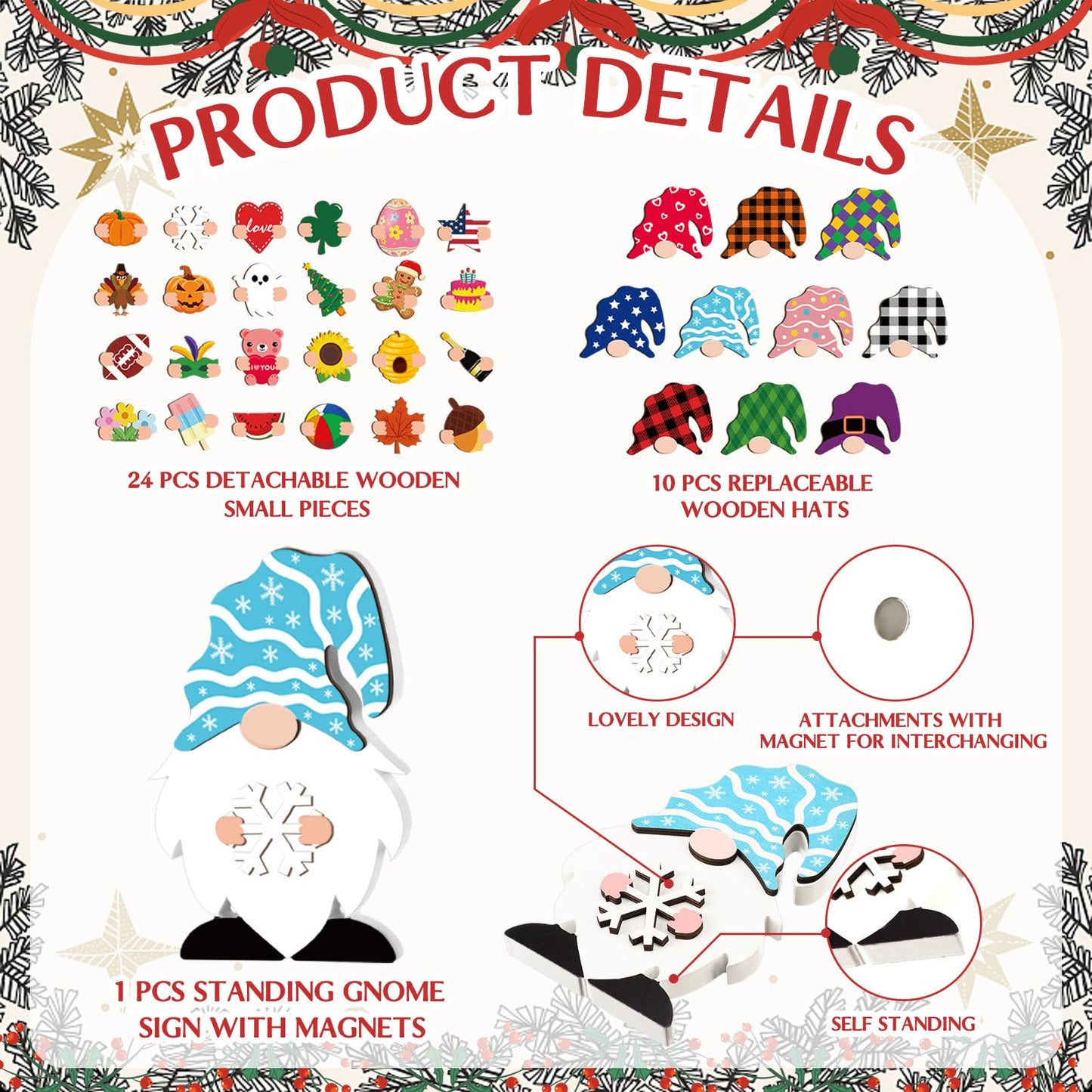37 Pcs Interchangeable Wooden Decor DIY Holiday Seasonal Table Decoration with 24 Magnet and 12 Detachable Hats for Summer Home Graduation Gifts(Cute)