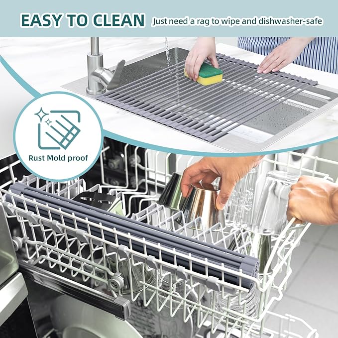 Ohuhu Sink Drying Rack, 20.5" W x 16.1" L Over The Sink Roll-Up Dish Drainer - Rolling Foldable Sink Accessories Heat-Resistant Mat Anti-Slip Silicone Coated Multipurpose for Kitchen Counter