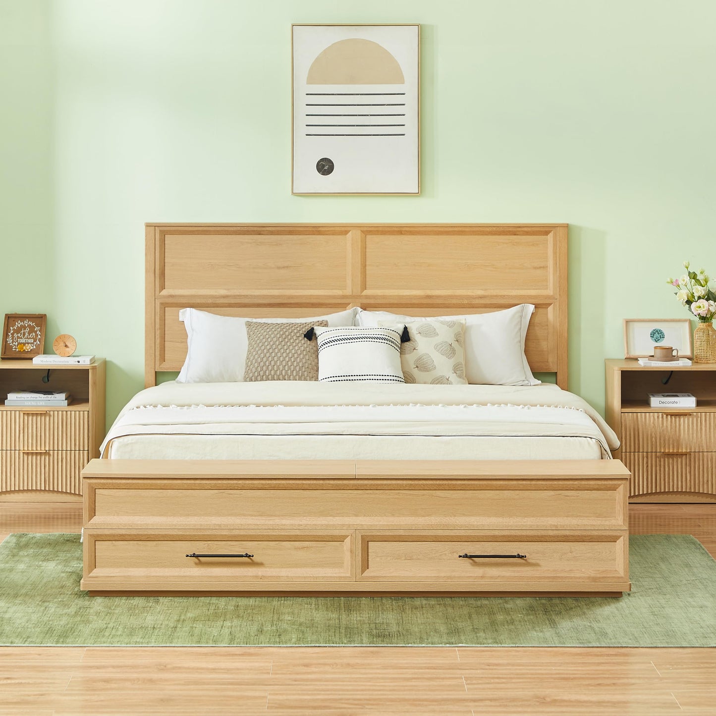 KEIKI King Bed Frame with Headboard & Storage Bench, Boho Solid Wood Platform Panel Bed with 4 Drawers, Natural Oak Bedroom Furniture Bed, Noise Free