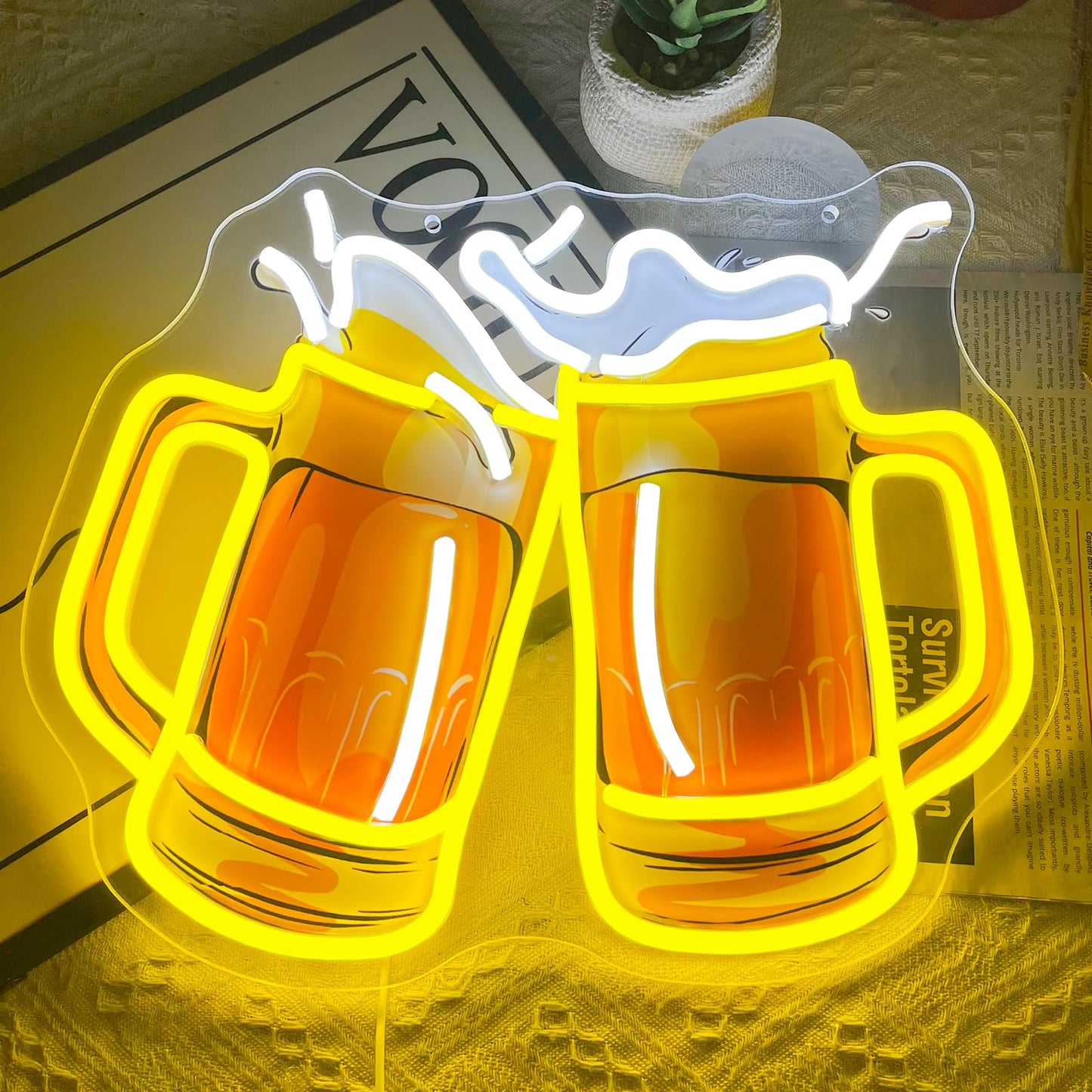 Beer Neon Sign UV Prited Cheers Neon Light Dimmable USB Powered Beers Glass Light Up Sign for Man Cave Bar Pub Store Bedroom Restaurant Club Hotel Party Decor