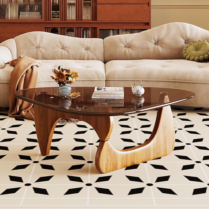 Coffee Table for Living Room Mid Century Modern Center Table with Glass Top and Wood, 36 Inch, Brown/Walnut