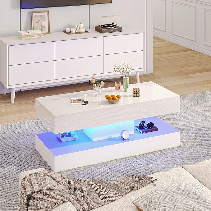 Uspeedy 47.3in Large High Glossy LED Coffee Table with 2 Storage Drawers,Black/White Modern Coffee Tables for Living Room,Living Room Tables,APP LED Lights (White)