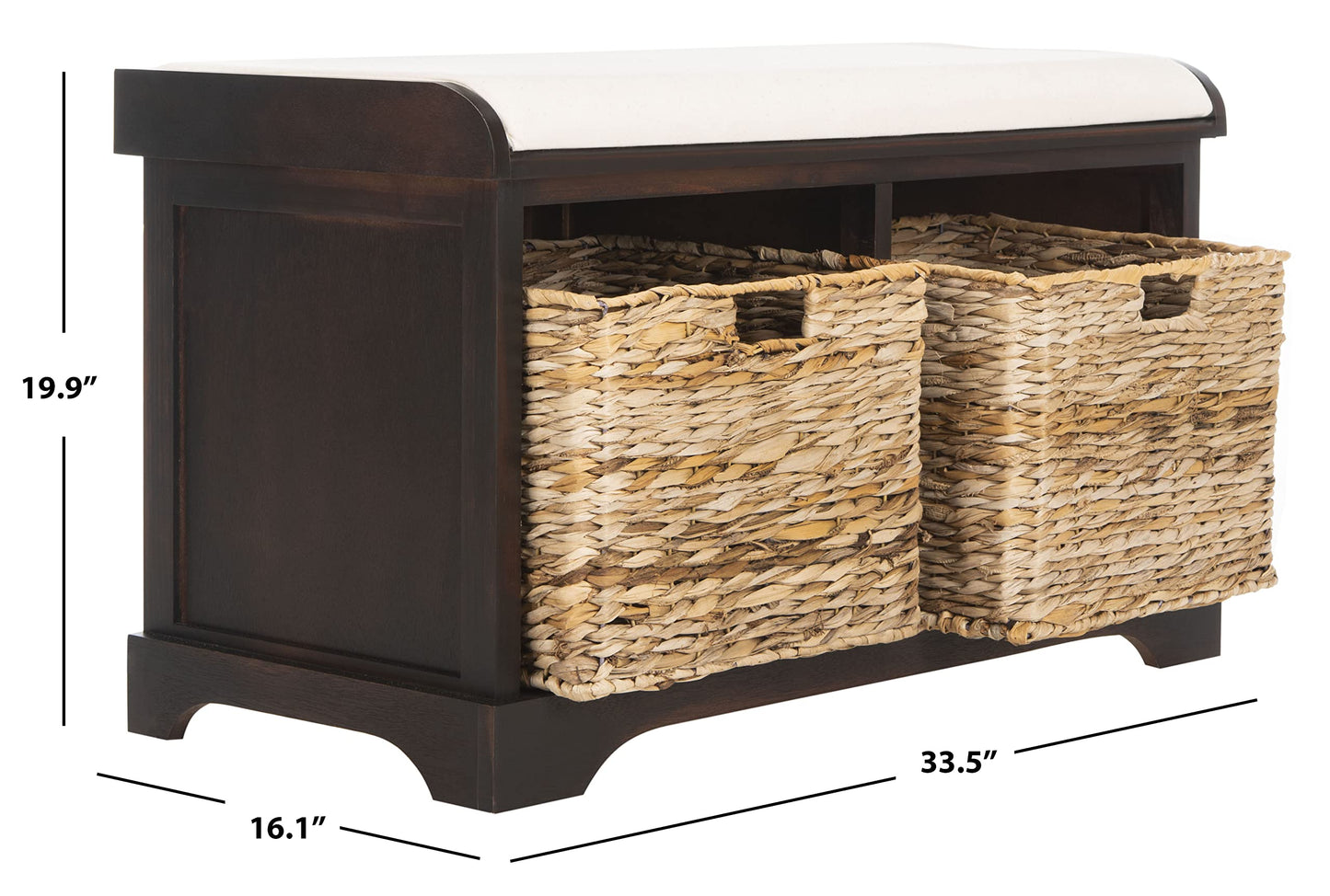 SAFAVIEH Home Collection – Freddy Brown Storage Bench with Wicker Baskets & Cushion, Entryway Seating Bench, Fully Assembled (AMH5736A)