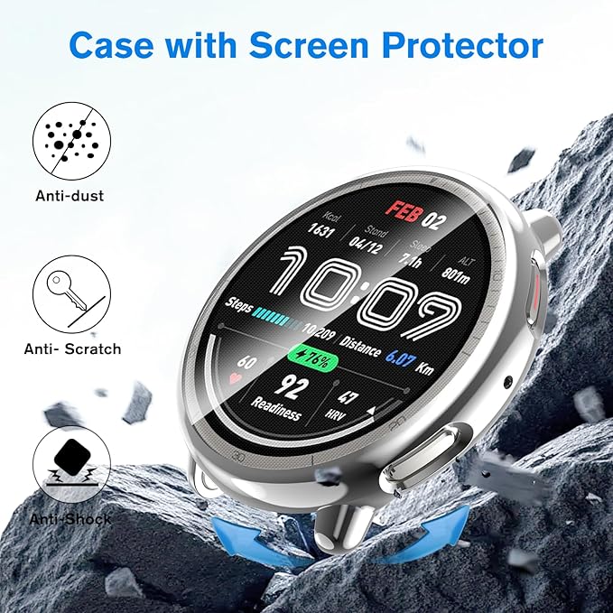 Fintie 3 Packs Screen Protector Case Compatible with Amazfit Active 2, Soft TPU Plated Bumper Full Protective Cover Cases Scratch-Proof, Black/Clear/Silver