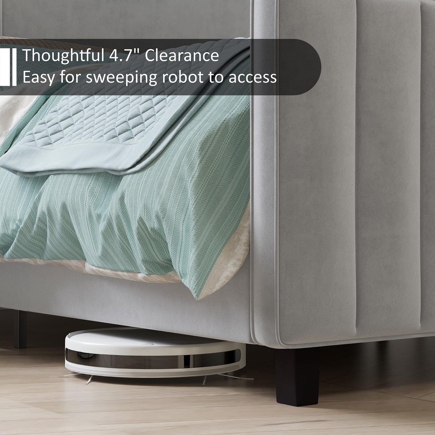 AMERLIFE King Size Bed Frame, Velvet Upholstered Platform Bed with Vertical Channel Tufted Headboard & Footboard/Wingback, Mattress Foundation with Wood Slats, No Box Spring Needed, Light Grey