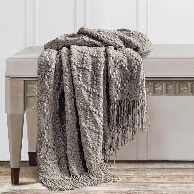 BOURINA Dark Grey Throw Blanket 50 x70 Inches Jacquard Argyle Throw Textured Solid Soft Throws and Blankets for Sofa or Bed Knitted Decorative Blanket