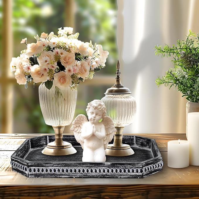 CedarLux Decorative Coffee Table Serving Tray, Long Octagonal Black Wood Tray with Wooden Bead, Farmhouse Big for Ottoman Table, Countertop, Home Decor, 16.5"x13"x1.6" (Retro Black)