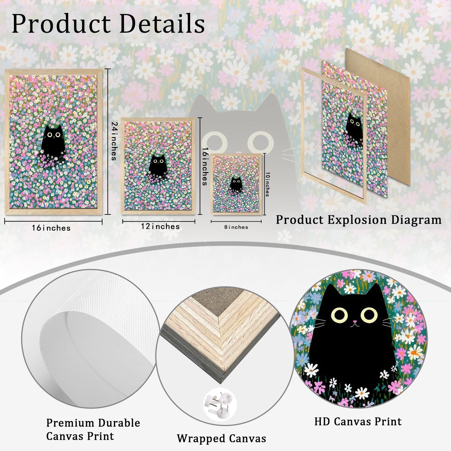 Apokiil Black Cat in Wildflower Field Wall Art - Cute Cat Floral Canvas Print, Poster for Bedroom Living Room Bathroom Wall Decor 24x 16In