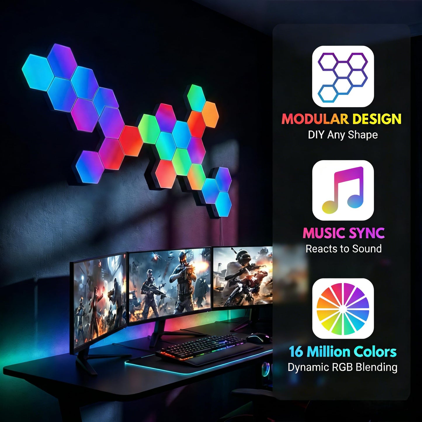 TISOFU Big Hexagon Lights LED Wall Panels, 8 Pack RGB Gaming Lights Works with Google Assistant & Alexa, APP/Music Sync & Remote, DIY Smart Modular Hexagonal Honeycomb Glide Hex Tiles Panel