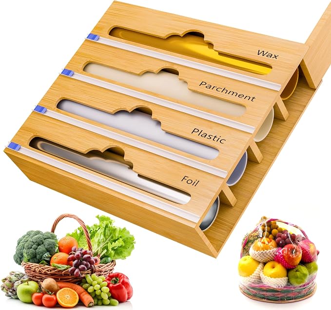 Bamboo Aluminum Foil Organizer & Plastic Wrap Dispenser with Cutter - 4 in 1 Parchment, Wax Paper & Saran Wrap Holder - Tin Foil Food Wrap Organizer for Kitchen Drawer, Countertop & Pantry