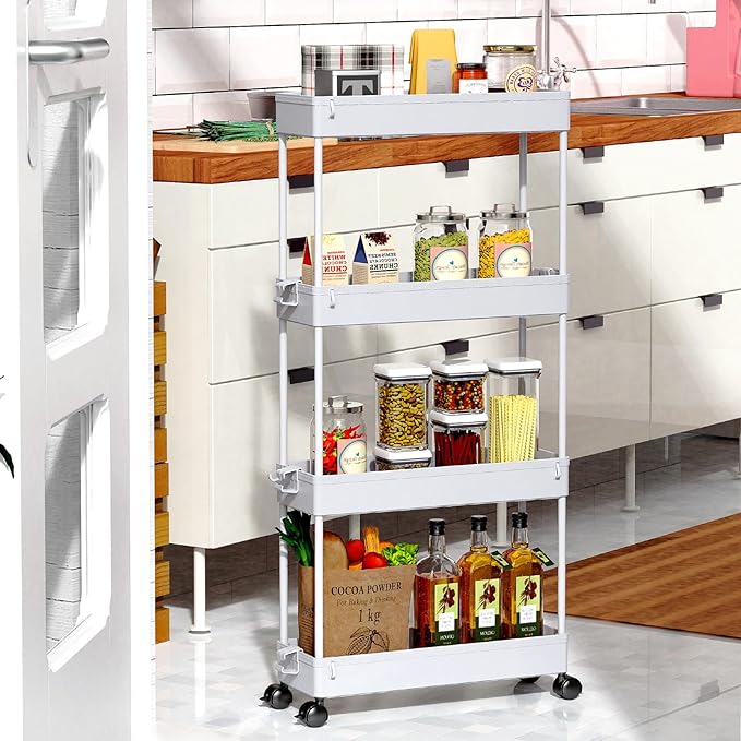 SPACEKEEPER Slim Rolling Storage Cart 4 Tier Bathroom Organizer Mobile Shelving Unit Storage Rolling Utility Cart Tower Rack for Kitchen Bathroom Laundry Narrow Places, Gray