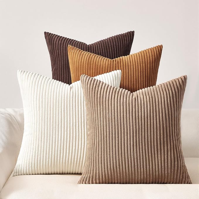 Topfinel Gold Brown Throw Pillow Covers Rustic Modern Soft Corduroy Striped Decorative Cushion Cover 16x16 Inch Gradient Farmhouse Pillow Case Set of 4 for Sofa Couch Living Room Bedroom