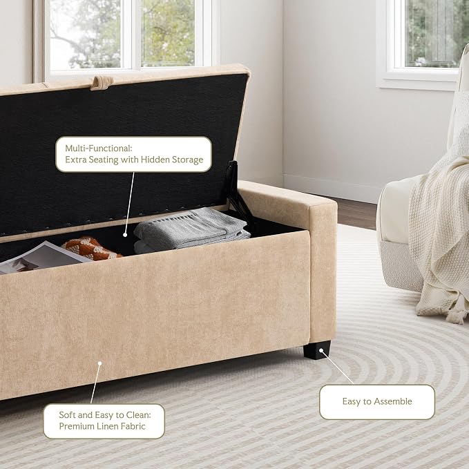 GRAINELL Storage Ottoman Bench, Upholstered Tufted Bedroom Bench with Storage, End of Bed Storage Bench for Living Room & Entryway, 350 lb Capacity, Linen flaxen