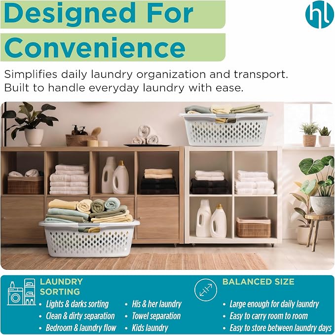 Home Logic 1.5 Bushel Plastic Laundry Basket Front Load, Large Laundry Hamper with Handles, Ventilated Clothes Organizer for Bedroom Bathroom Closet, 2 Pack, White
