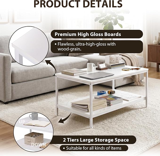 SUPER DEAL 2-Tier Industrial Coffee Table with Storage Shelf for Small Apartment Living Room, Rectangle Wood and Stable Metal TV Stand Side End Table, White Marble
