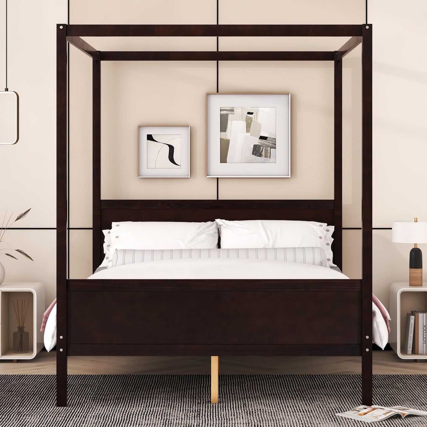 Merax Queen Size Canopy Bed with Headboard and Footboard, Solid Wood 4 Posters Platform Bed with Slat Support Leg, No Box Spring Needed, Espresso
