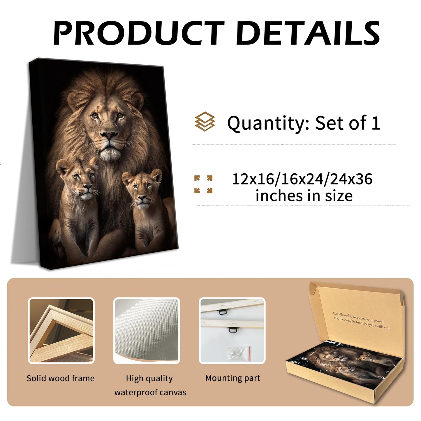 Eysintum Framed Lion Wall Art Lion Family with Cubs Canvas Print Wildlife Animal Painting for Living Room Bedroom Office Home Decor Ready to Hang 12x16in