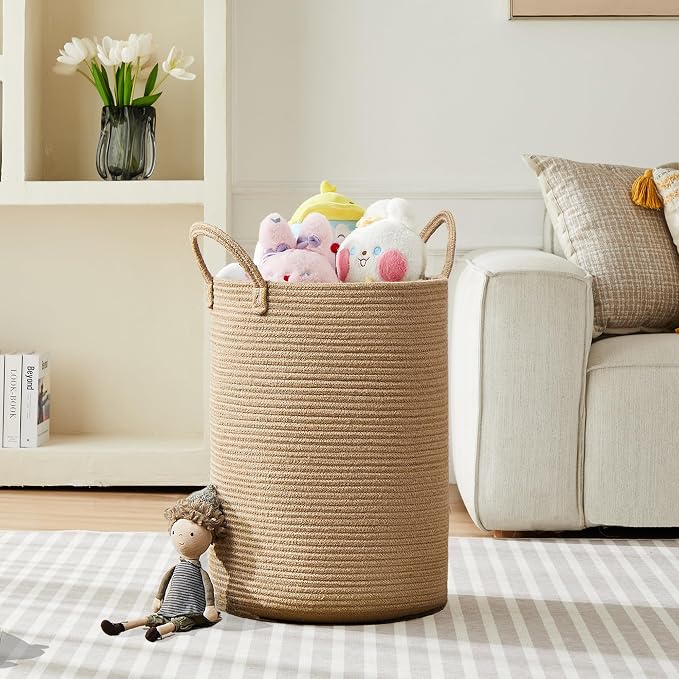 80L Extra Large Jute Laundry Hamper Tall Woven Laudnry Basket Wicker Rope Clothes Hamper Boho Blanket Basket in Living Room Bedroom 16"D x 22"H