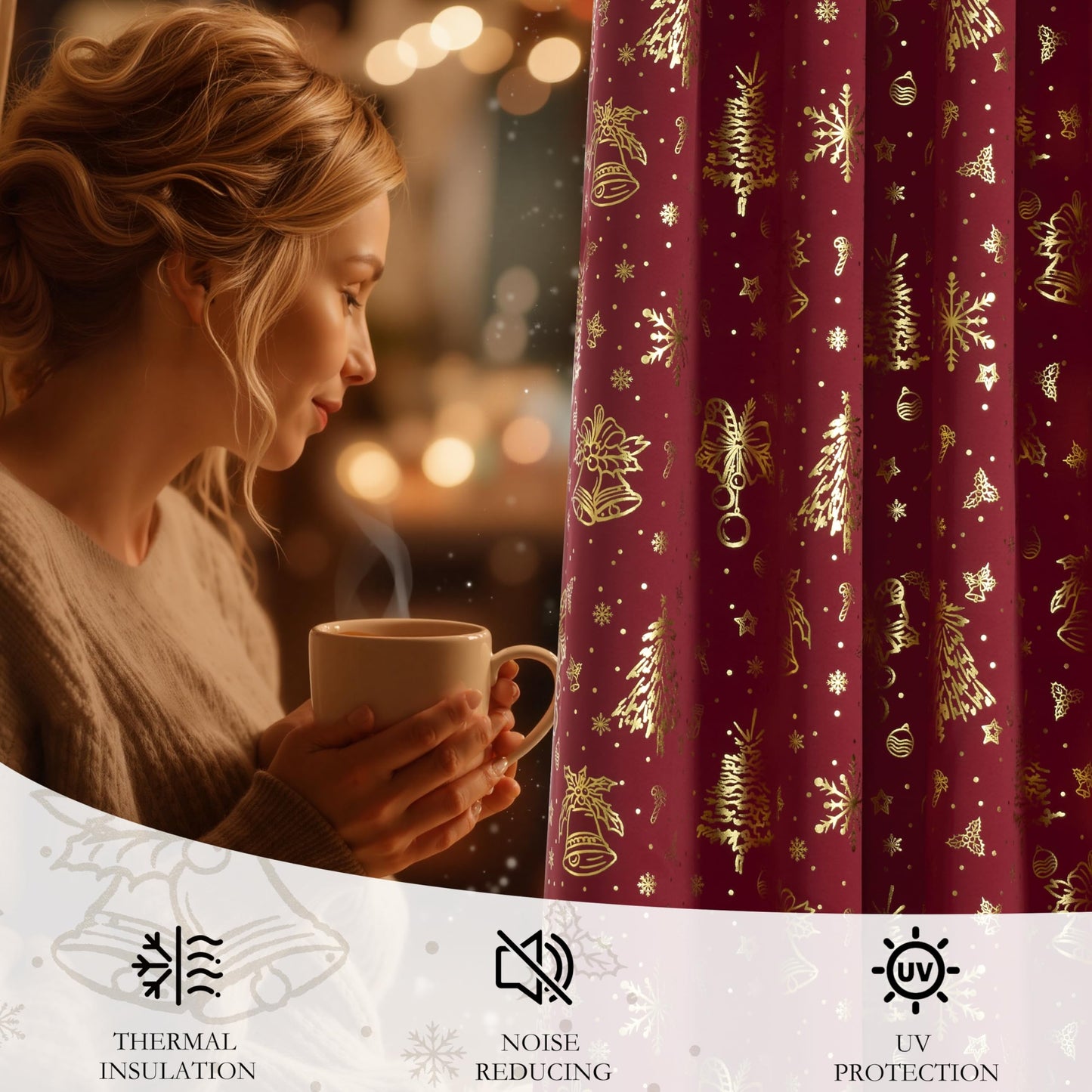 NICETOWN 2 Panels Christmas Red Curtains 52 x 84 Inch, Gold Foil Printed Grommets Drapes, Xmas Theme Window Treatment for Holiday Home Decor, Set of 2 Christmas Style Curtain Panels