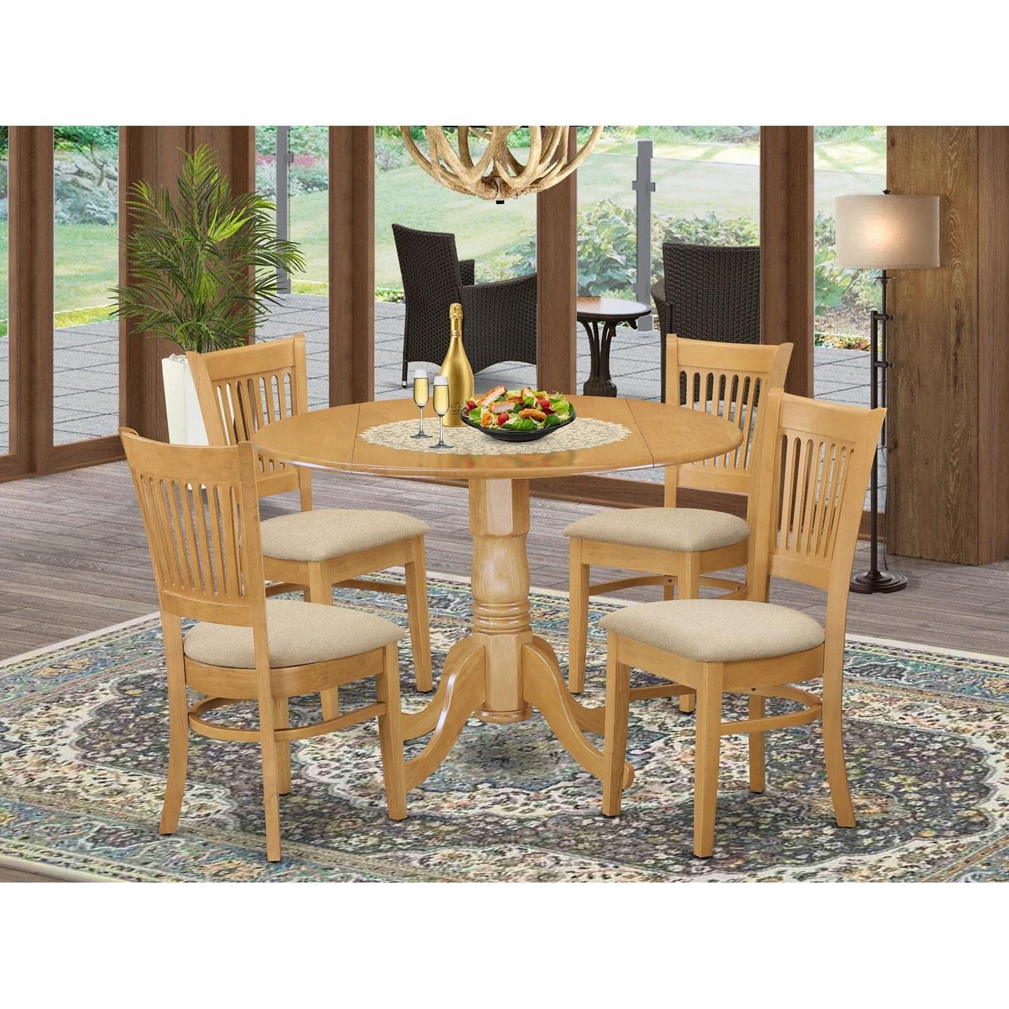 East West Furniture DLVA5-OAK-C 5 Piece Kitchen Table & Chairs Set Includes a Round Dining Room Table with Dropleaf and 4 Linen Fabric Upholstered Chairs, 42x42 Inch, Oak