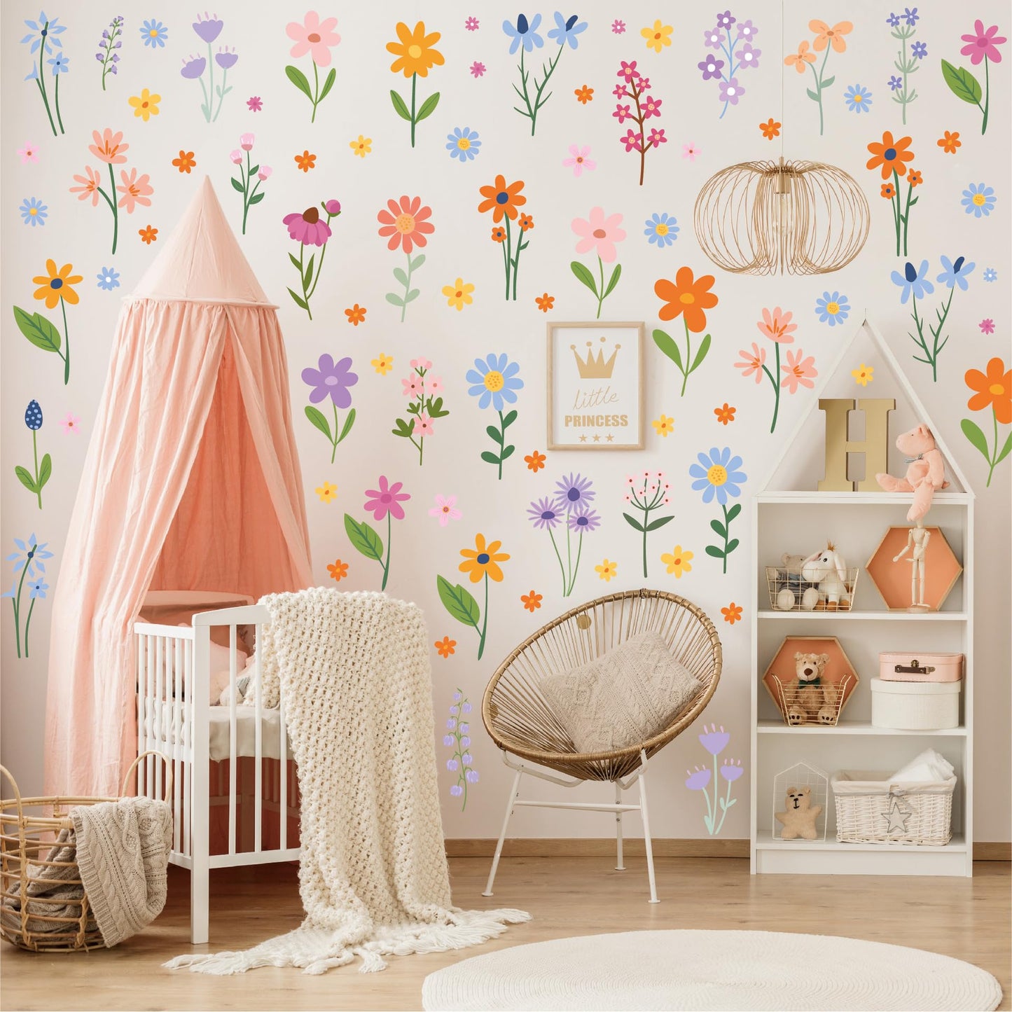 Flower Wall Decals - 8 Sheets 102 Pcs Spring Themed Wildflower Wall Stickers Peel and Stick Fairy Floral Wall Decor for Girls Bedroom Living Room Nursery Home