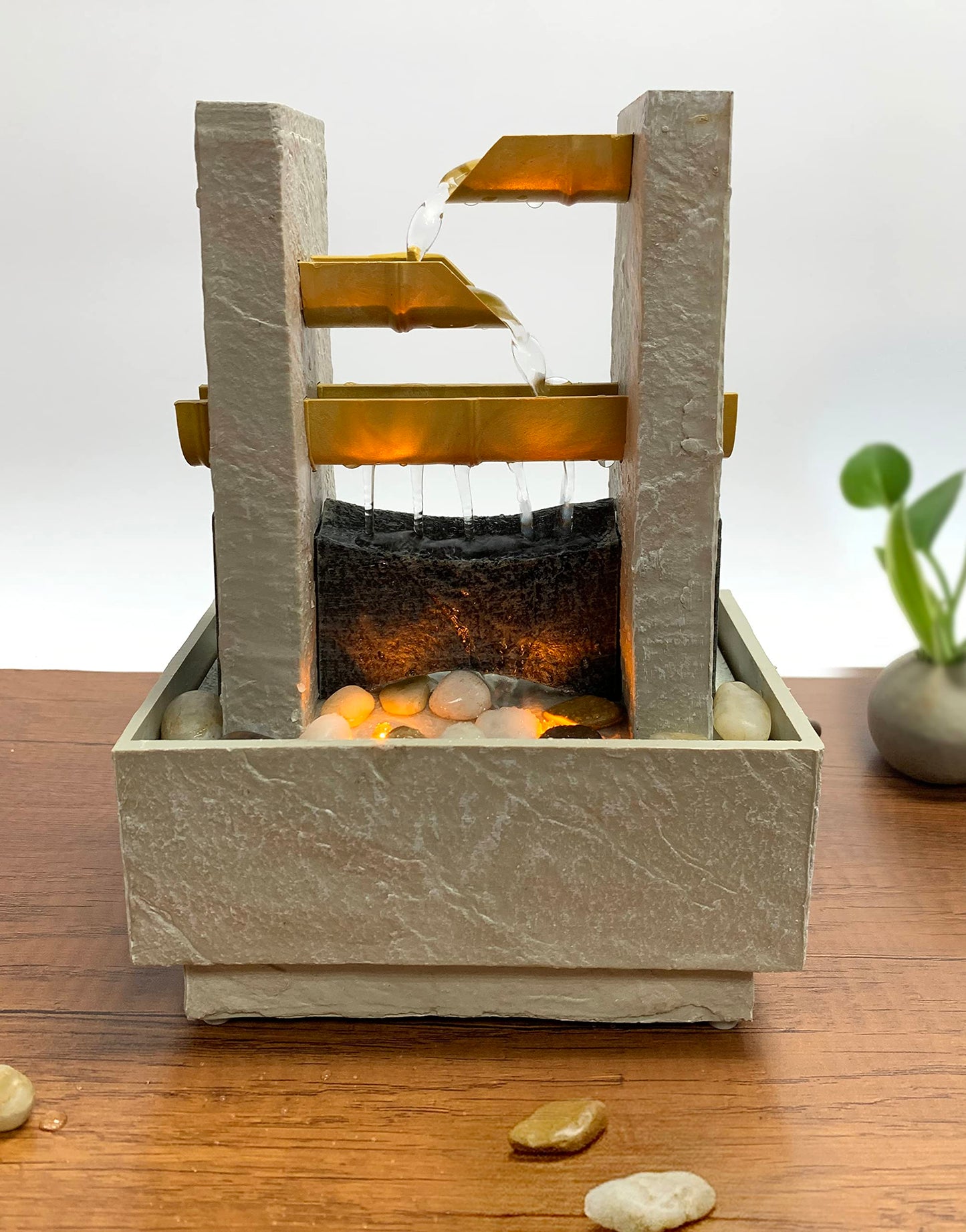 Nature's Mark 8" H Cascading Bamboo Tabletop Water Fountain with Natural River Rocks and LED Lights (Power Cord Attached)
