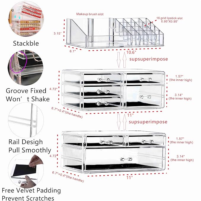 Cq acrylic 3 Pack Clear Make Up Organizer Countertop,Stackable 8 Drawers Makeup Storage,Cute Vanity Organizers for Dresser Hair Clip,Jewelry,Beauty Product Desk and Bathroom Organizers and Storage