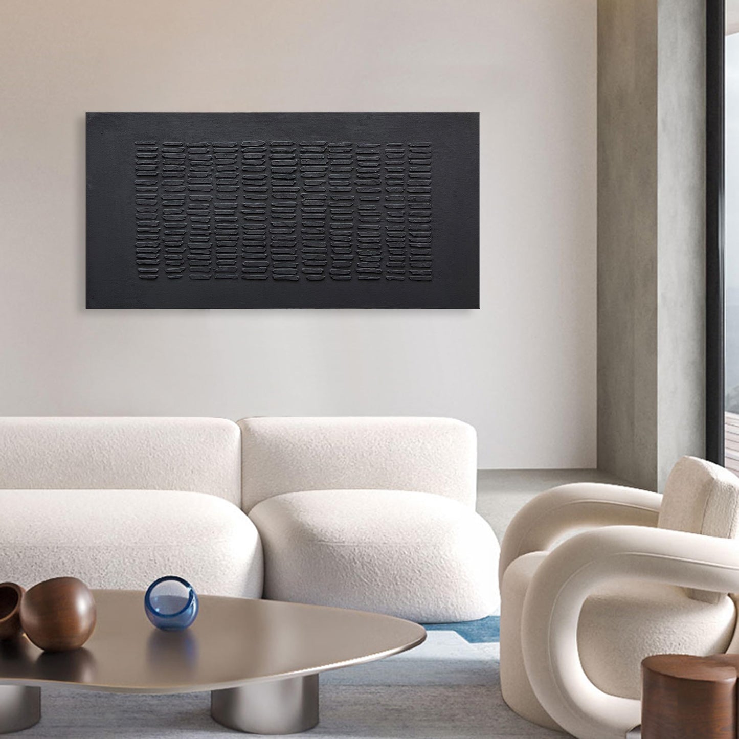 NANKAI Art Hand-Painted Black Thick Texture Abstract Art Oil Painting Contemporary Minimalist Style Art Living Room Office Corridor Wall Decoration Oil Painting 24x48 inches