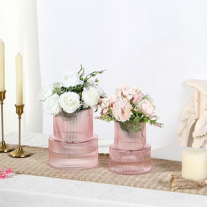 Ribbed Glass Vases for Bouquet, Set of 2 Pink Vases for Flowers, Pink Glass Vase for Tulips, Modern Vase for Living Room, Office, Coffe Table, Dining Table, Shelf, Wedding