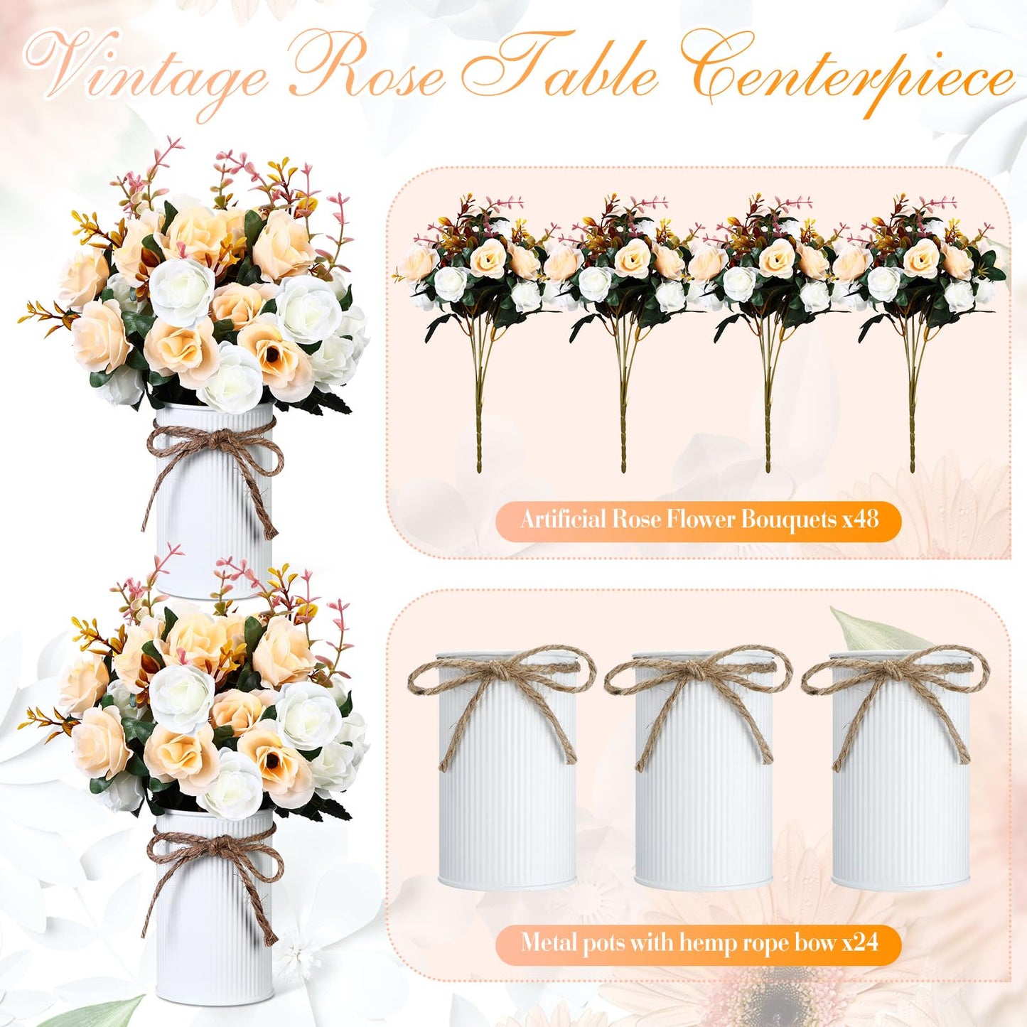 Domensi 24 Sets Wedding Table Centerpiece Artificial Flowers with Vase 48 Pcs Fake Bouquets 24 Pcs Metal Vases Floral Arrangements for Holiday Party Event Table Decor(Champagne)