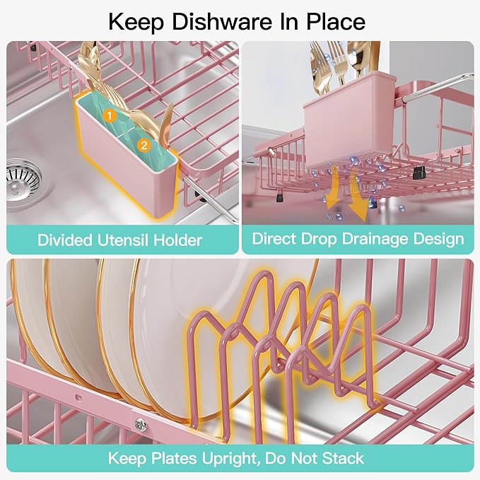 JASIWAY Pink Expandable Stainless Steel Dish Drying Rack Over The Sink for Small Kitchen, Counter Space Saving Compact Plate Drainer Strainer, Adjustable Hanging Metal Dish Dryer with Utensil Holder