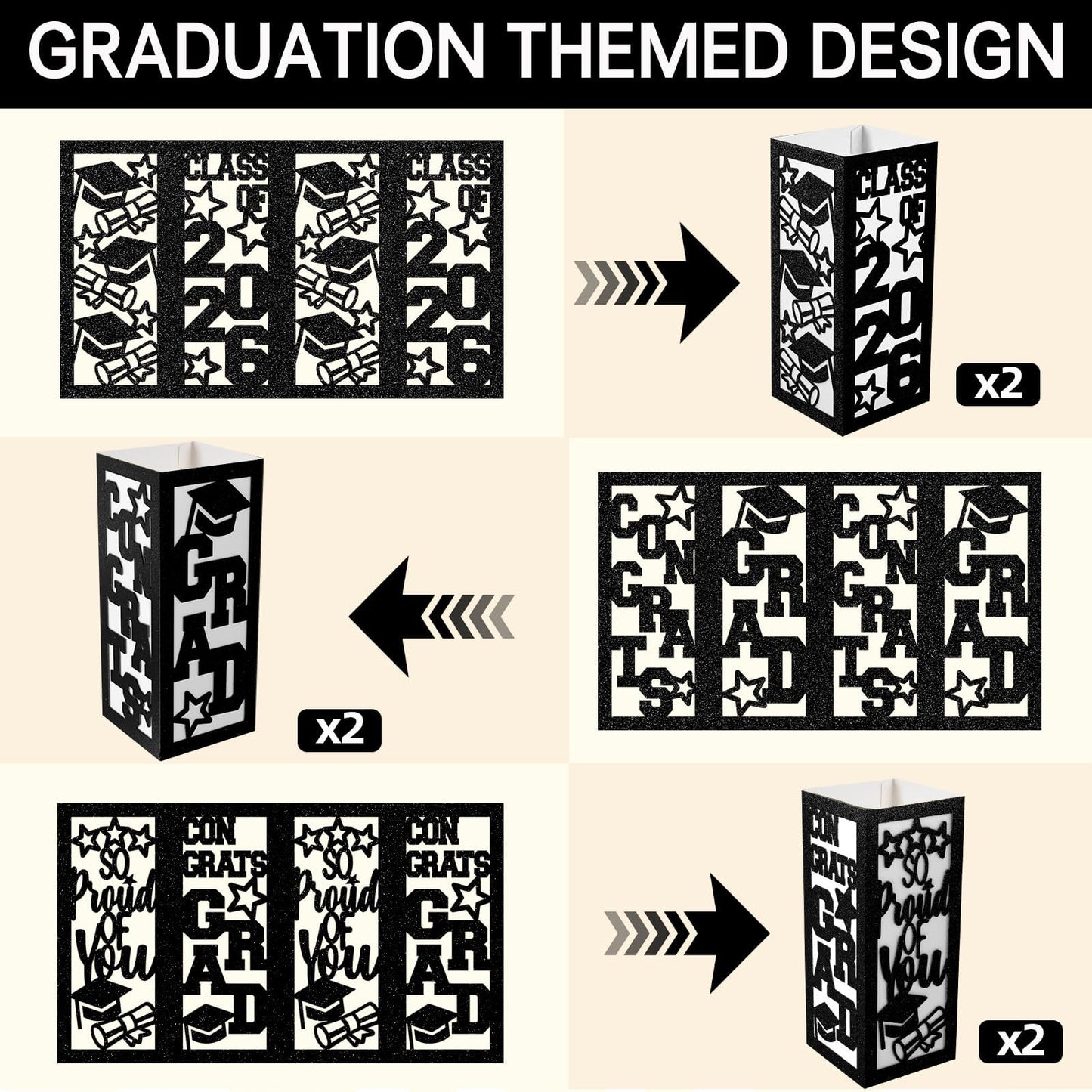 6 Pcs Graduation Table Centerpieces Boxes Class of 2026 Graduation Paper Lanterns Boxes with LED Hollow Out Black for Congrats Grad School College Table Decorations Grad Party Photo Props