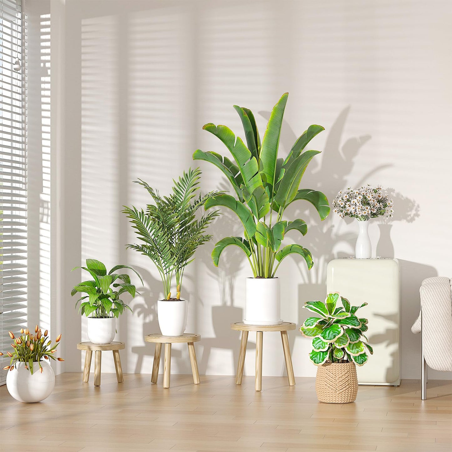 Vecxoty 3-Pack Wood Plant Stands Indoor, Single Plant Stand for 6-12 Inch Pots, Mid-Century Modern Plant Stool, Tall Plant Stand for Large Plants for Living Room, Balcony, Office (Light Brown